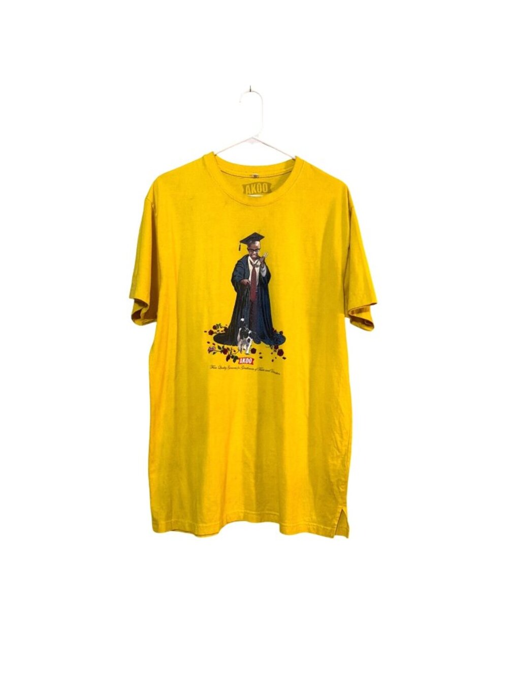 Akoo Yellow Graphic T Graduate & Dog Print Back Ivy League Design Crew Neck XL
